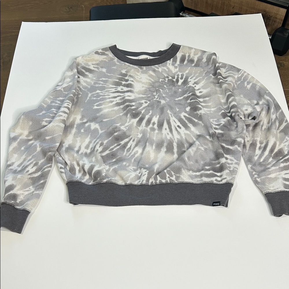 PINK Victoria's Secret Gray and White Tie-Dye Crewneck Sweater